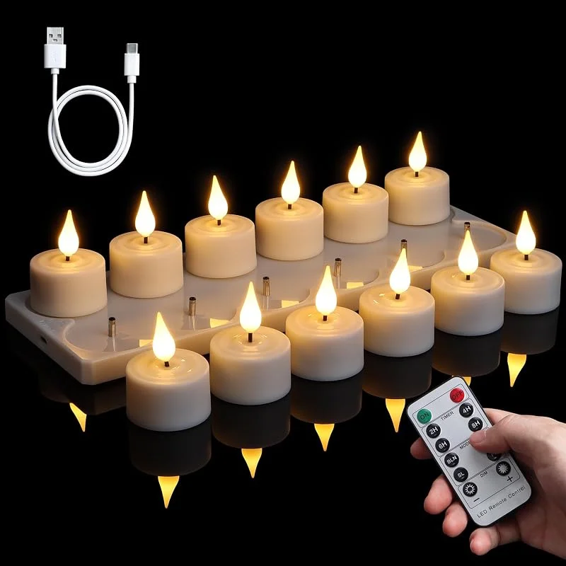 Visita la tienda de FREEPOWER FREEPOWER 12 velas LED recargables con estación de carga, mando a distancia y temporizador, velas eléctricas recargables parpadeantes, luz blanca cálida, regulable, con cable USB, diámetro de 4 x 5, 5 — Cena a la luz de velas