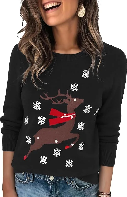 Visita la tienda de Crewhpo Jersey Navideño Mujer Suéter de Navidad Invierno de Cuello Redondo Manga Larga Ropa de Punto Jerséis con Copos de Nieve de Reno — Ropa Navidad