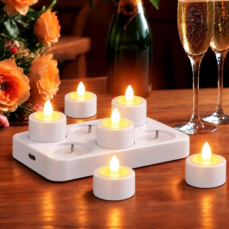 EXTSUD 6 Velas de Té LED con Base de Carga, Recargables Velas Led Efecto llama Velas Eléctricas sin llama Luz Nocturna para Navidad San Valentín Decoración del Hogar — Cena a la luz de velas