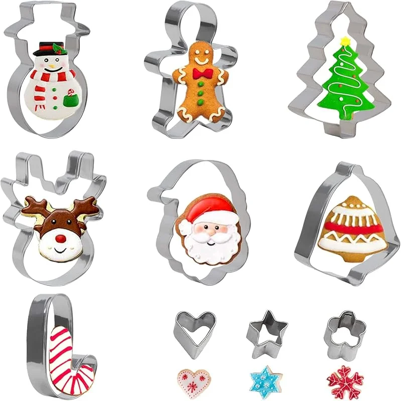 Derayee - Molde Cortador Galletas de Navidad, 10 piezas de acero inoxidable, para decoración de galletas, pasteles, repostería, copos de nieve, reno, árbol de Navidad — Hogar y cocina