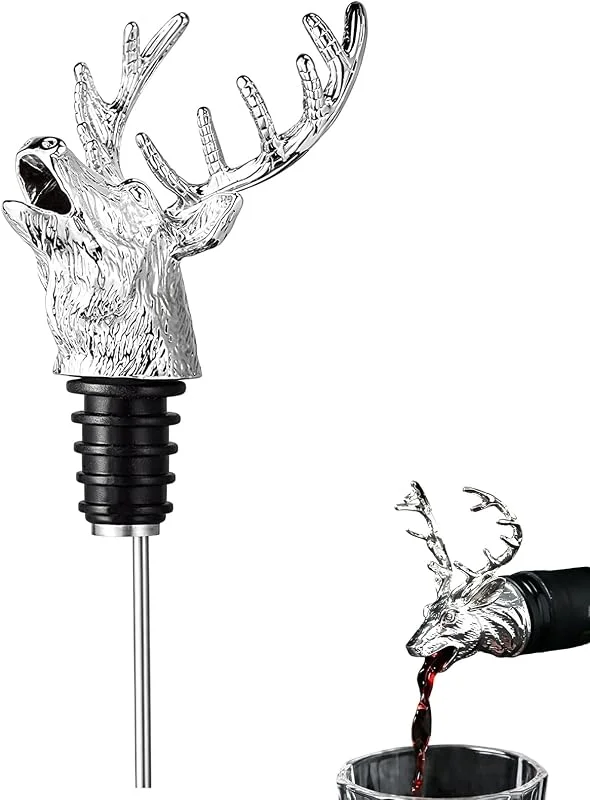 OFKPO Aireador de Vino, Decantador de Vino, Acero Inoxidable, Ciervo Cabeza, Vertedor Rápido Profesional de Vino, Oxidante de Vino Tinto, Accesorios Bar, Tapón, Regalo Navidad Mujer Hombre — Vino y mesa festiva