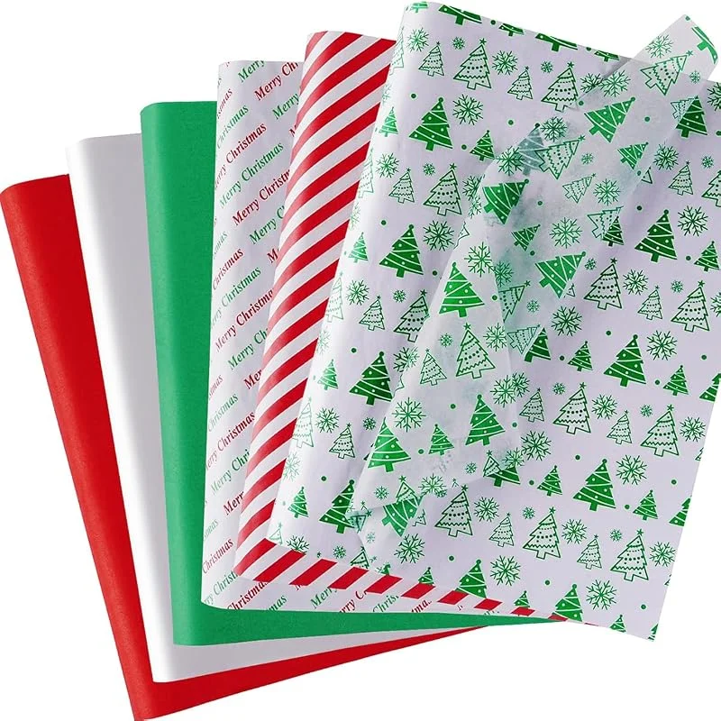 MAMUNU 120 hojas de papel de seda para Navidad, rojo, verde y blanco, papel de regalo a granel, 5 diseños diferentes, papel de manualidades para Navidad, cumpleaños, manualidades, festivales, 50 x 35 cm — Envoltorio regalo