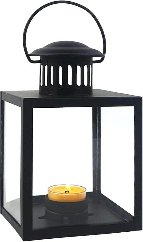 KYSUN Farol de Vela de Metal Linterna Colgante con Vidrio Templado para Decoración del Hogar, Sala de Estar, Fiestas, Eventos, Mesa Interior y Exterior (Negro Mate) — Cena a la luz de velas
