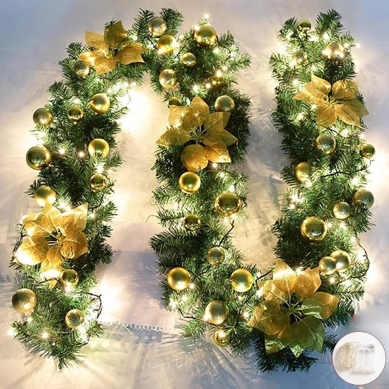 Queta Guirnalda de Navidad con flores y bombillas LED, 2, 7 m, decoración navideña, para escaleras, pared o puertas — Decoracion Navidad