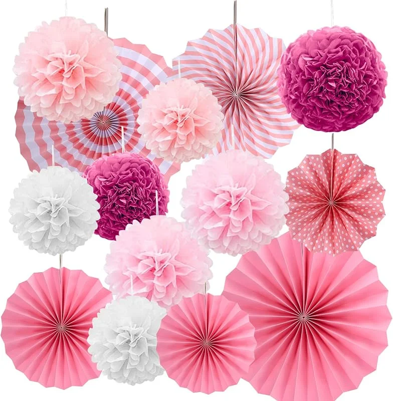 Xiaomoyu 14 Piezas Pompones de Papel de Seda, Rosa Decoraciones Fiesta de Papel — Envoltorio regalo