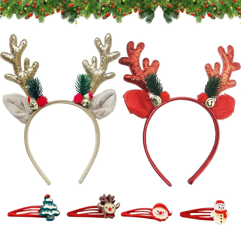 Capgoost Diadema de reno, 2 unidades de diademas de Navidad, cuernos, pinzas de pelo de Navidad, diadema de reno con orejas, accesorio para el pelo de Navidad, accesorio para Navidad, carnaval (A) — Ropa Navidad
