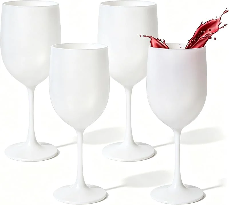 GOEDCH Copas de vino blancas de plástico: juego de 4 unidades, 450 ml, plástico PP apto para alimentos, color blanco, cristal de plástico, borde liso con base antideslizante, resistente al lavado a — Vino y mesa festiva