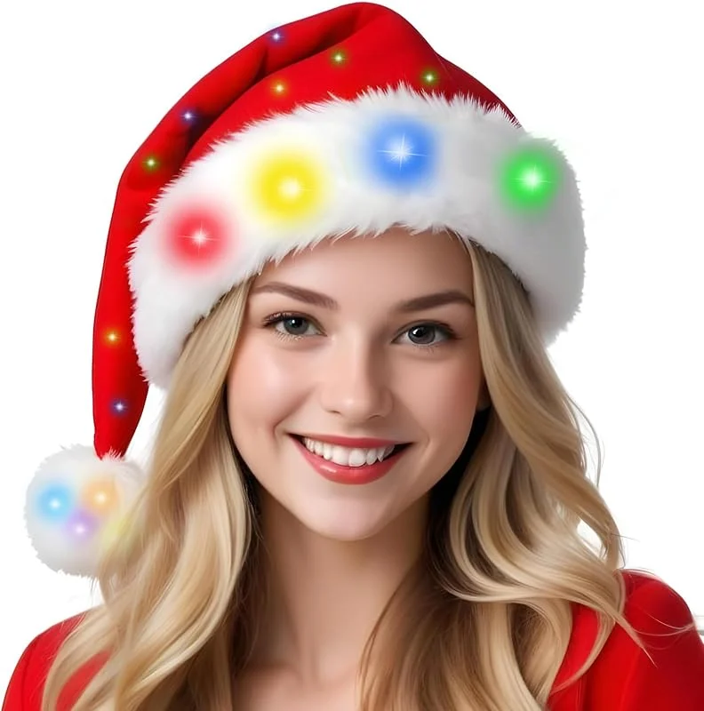 LQTSLFM Gorro Navideño con LED, Gorro de Papá Noel Luminoso de Felpa para Adultos — Ropa Navidad