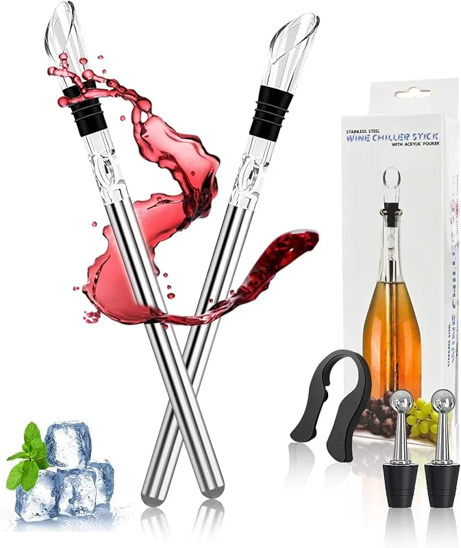 Visita la tienda de FungLam FungLam Juego de varillas de enfriamiento de vino 5 en 1 profesionales con barra de enfriamiento de acero inoxidable, 2 varillas de refrigeración, 2 tapones de botella y 1 cortador de láminas — Vino y mesa festiva