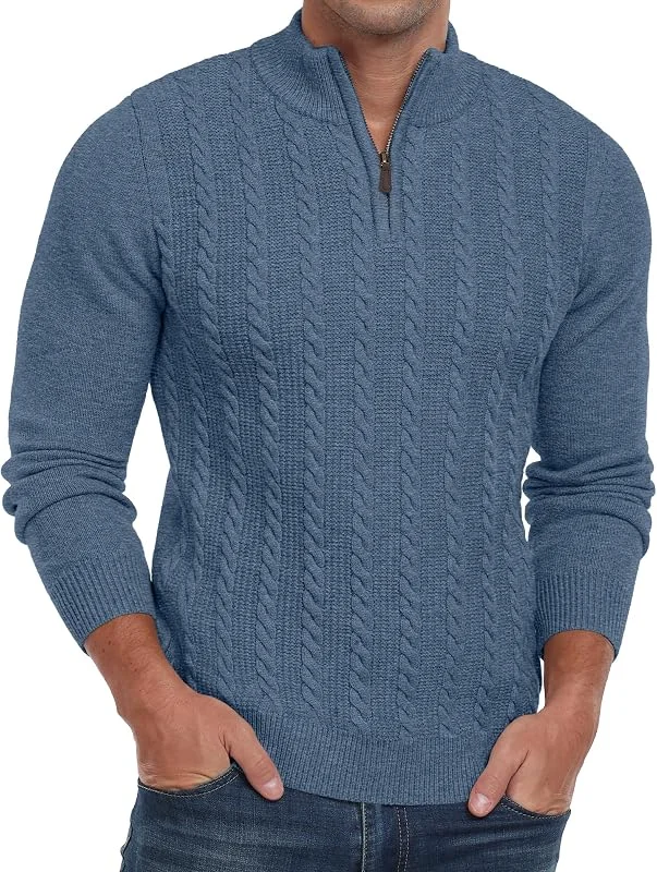 Hisir Jersey de punto trenzado con cremallera para hombre, cuello redondo, manga larga, suéter casual para hombre — Ropa Navidad