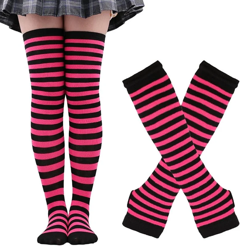 Visita la tienda de Thajaling Calcetines para mujer, Guantes sin dedos a rayas, Juego de calcetines altos hasta la rodilla, Calcetines largos a rayas para cosplay de niñas, Guantes mitones para Halloween — Ropa Navidad
