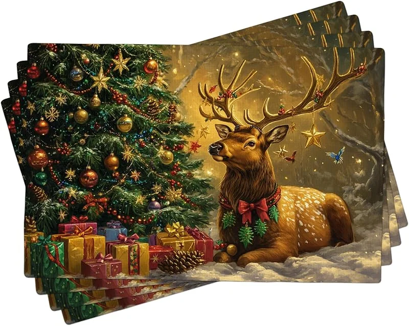 Generic Juego de 4 manteles individuales de renos de Navidad, color marrón, con diseño de árbol de Navidad, lavables para interiores y exteriores, 45, 7 x 30, 5 cm — Hogar y cocina