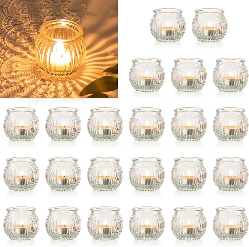 Visita la tienda de Nuptio NUPTIO Portacandelitas de Vidrio: 24 Piezas Calabaza Claro Navidad Tea Light Titulares Pequeño Cristal Acanalado Vela de Té Boda Centro de Mesa Adornos de Navidad — Cena a la luz de velas