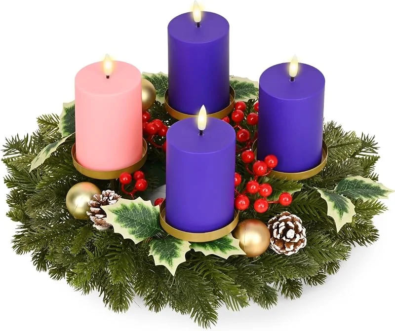 Waipfaru Corona de Adviento de Navidad, portavelas de Adviento con 5 velas de imitación sin llama, juego de corona de Adviento de 12 pulgadas y velas, decoración de centro de mesa de Navidad para — Adviento y mesa