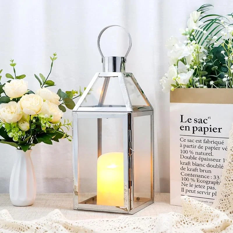 Visita la tienda de JHY DESIGN JHY Design - Farol de Vela de Acero Inoxidable, 34 cm de Alto, Linterna de Cristal, candelabros, Accesorios de balcón para Velas de Interior o Exterior, para Bodas (Plata) — Cena a la luz de velas