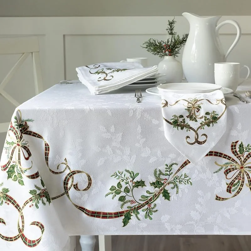 Benson Mills Merry Ribbons - Mantel de Tela Jacquard Estampada para Navidad, Elegante Mantel de Navidad para Todas Las Vacaciones e Invierno (60 x 84 Pulgadas, Rectangular) — Hogar y cocina