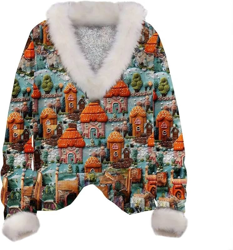 Generic HUIFUAO Sudaderas de Navidad para mujer, suéter de Navidad para mujer, estampado de Papá Noel, cuello de felpa, manga larga, suéter de Navidad para mujer — Ropa Navidad