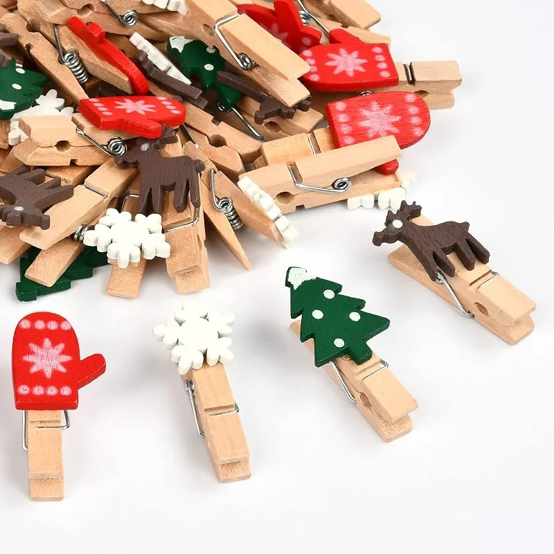 KATELUO 50 Piezas Mini Pinzas de Madera de Navidad, Mini Clip de Madera de Navidad, Pinzas de Madera Decorativas de Navidad, Utiliza para Navidad, Paredes de Fotos, Postales, Bolsas de Papel — Hogar y cocina