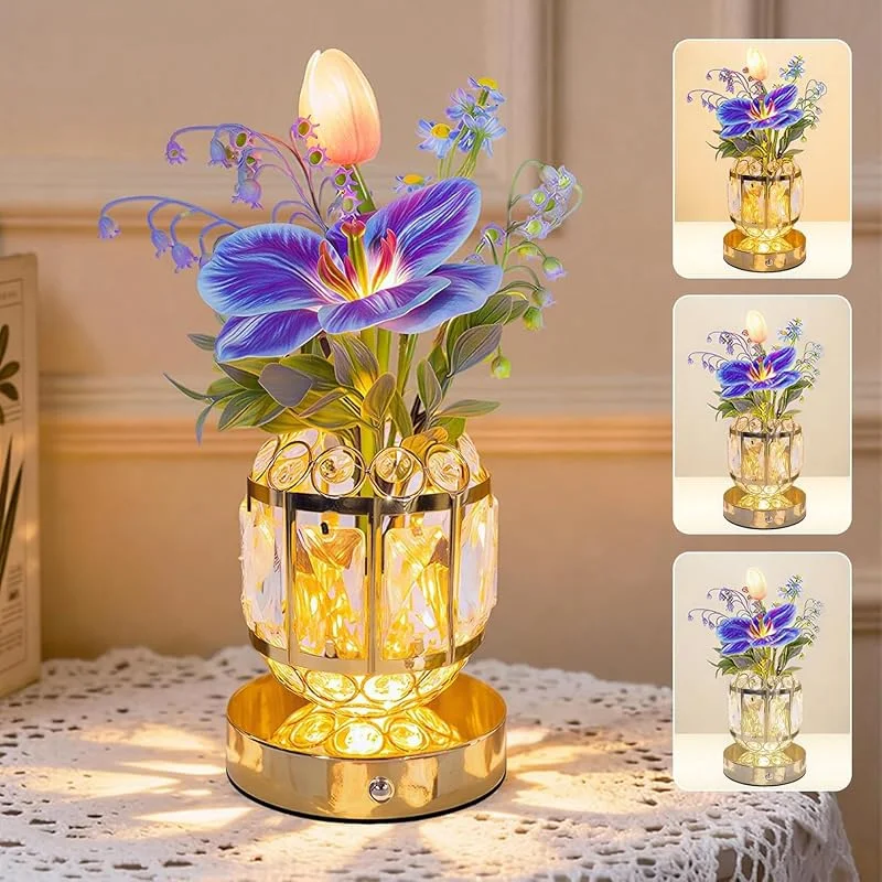 Wekity Lámparas de flores de tulipán, 3 colores regulables, tulipán artificial, luz nocturna, recargable, inalámbrica, lámpara de mesa pequeña para citas, fiestas, decoración del hogar (morado y azul — Cena a la luz de velas
