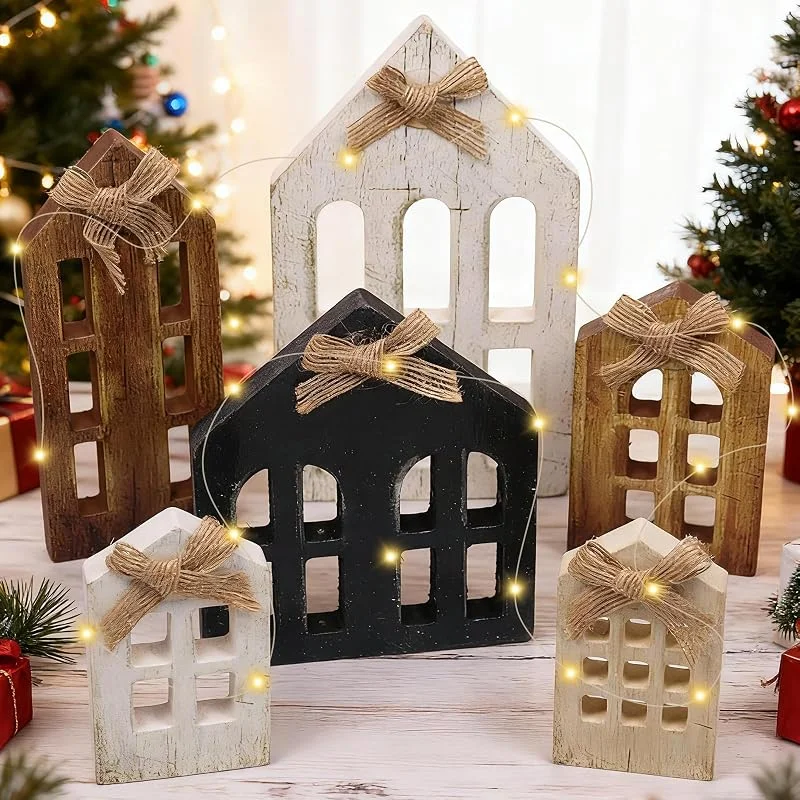 KIKVTER Adornos Navidad Madera, 6 Piezas Casas Navideñas, Casa de Navidad para Decorar, Casitas de Navidads con Luces LED, Navidads Decoración Casa, Decoracion navidads Mesa, Adornos Invernales