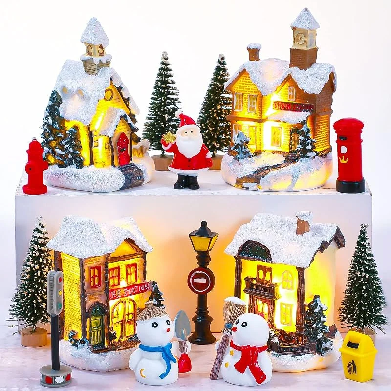Kasyat Set de 16 Piezas de Aldea Navidad Casa Aldea Navidad a Batería Set Adorno Casa Aldea Navidad Adorno Escritorio Escena Pueblo Navidad Accesorio Figura Navidad Adorno Paisaje Edificio Resina — Decoracion Navidad