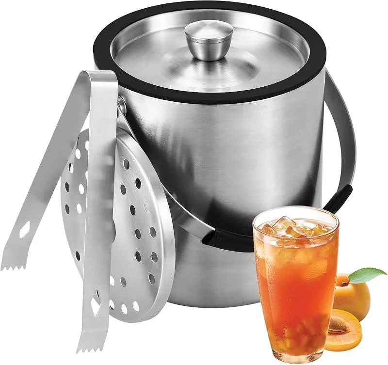 Nuangoo 1.6litros Cubitera de acero inoxidable de con clips y colador para guardar cubitos de hielo y bebidas refrescantes, perfecta para cócteles, champán, fiestas y bebidas de cerveza frías. — Vino y mesa festiva