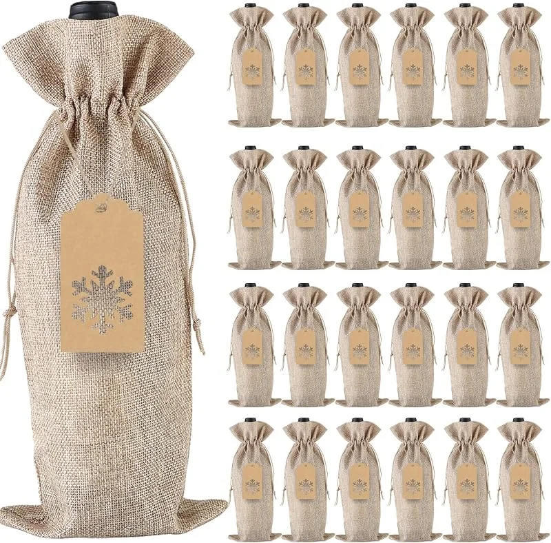 PIXHOTUL Bolsas De Regalo De Vino De Arpillera, 24 Fundas para Botellas De Vino con Cordón De Yute con Etiquetas Y Cuerdas para Navidad, Boda, Viajes, Cumpleaños, Fiesta De Vacaciones — Envoltorio regalo