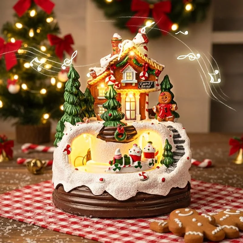 Gkstly Pueblo de Navidad con Tren Móvil, Música Escena Navidad Animada Village de Navidad iluminado Escena de Pueblo Miniatura Casas de Pueblo Decoración Navideña Sobre Mesa con Luces LED para Interior — Decoracion Navidad