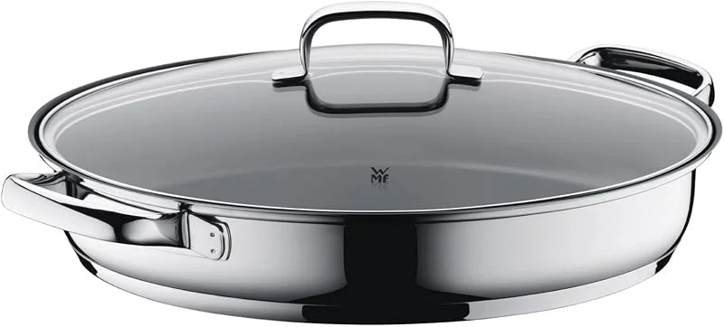 WMF - Rustidiera 38 cm Cacerola Baja Larga Oval con Tapa de Cristal, Cromargan 18, 10 Acero Inoxidable, Antiadherente, Apto para Inducción y Horno, Diseñado en Alemania — Hogar y cocina