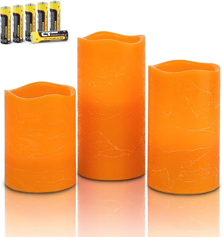 Visita la tienda de Rhytsing Rhytsing 3 Velas LED Naranjas Rústico Sin Llama para Halloween y Otoño, Velas a Pilas de Cera Real con Temporizador para La Fiesta de la Vendimia, Pilas incluidas, Altura 10, 12, 5, 15cm (Naranja) — Cena a la luz de velas